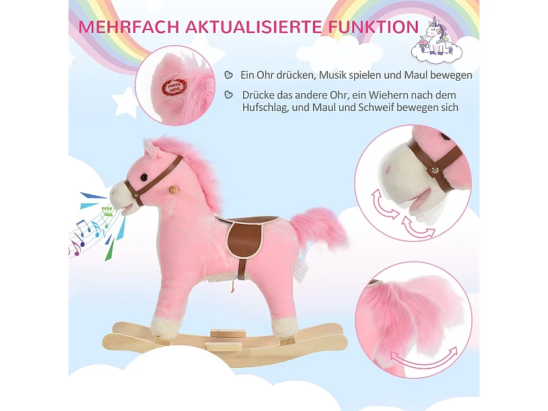 Cheval à bascule en peluche rose avec sons d'animaux, acier, pour enfants (65x32.5x61cm)