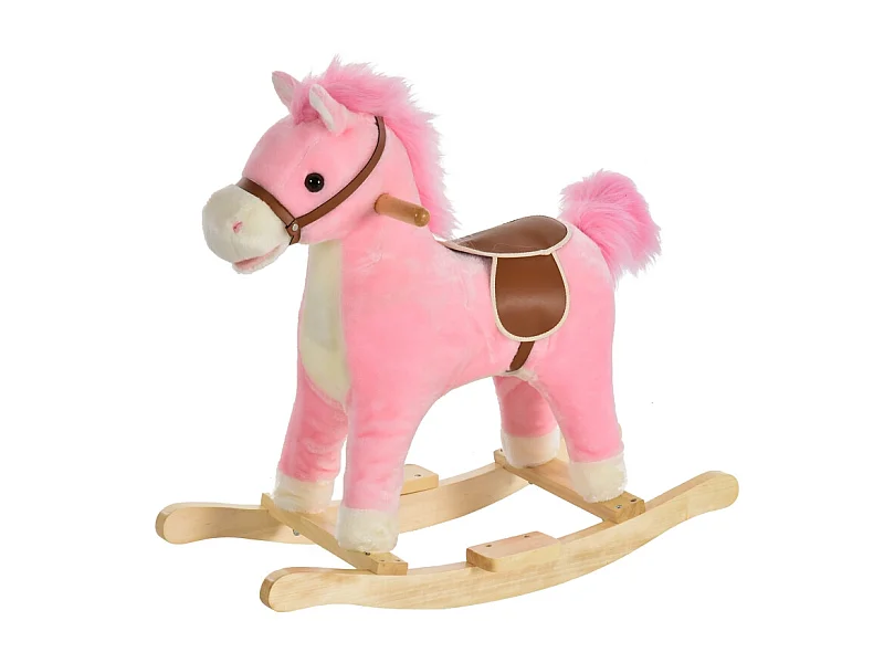 Cheval à bascule en peluche rose avec sons d'animaux, acier, pour enfants (65x32.5x61cm)