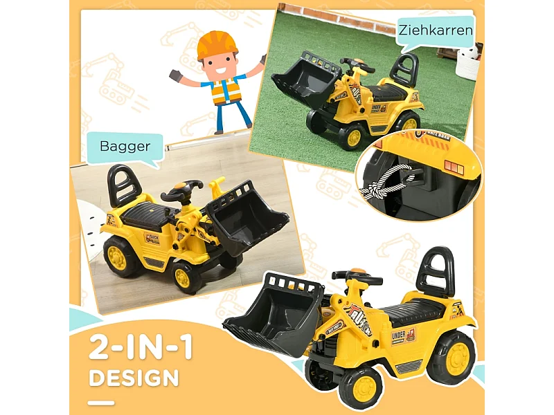 Tractopelle à bascule pour enfants avec pelle fonctionnelle et rangement intégré, ABS, jaune et noir (80x26.5x39cm)