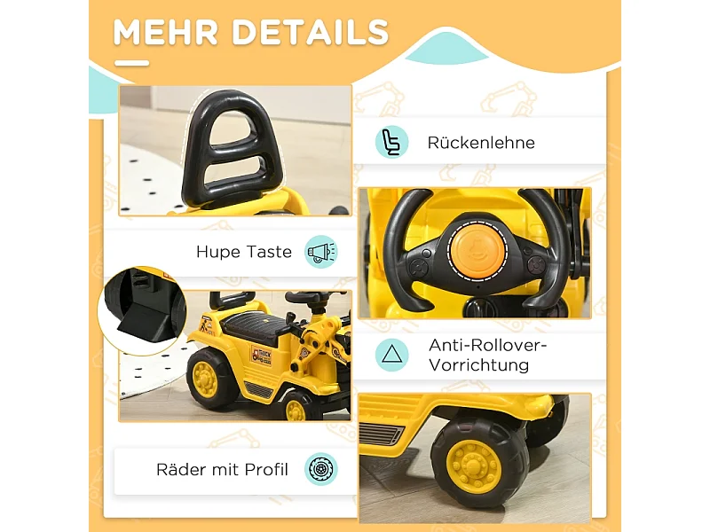 Tractopelle à bascule pour enfants avec pelle fonctionnelle et rangement intégré, ABS, jaune et noir (80x26.5x39cm)