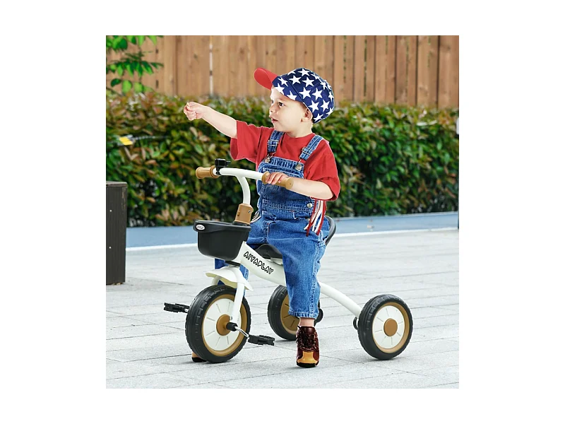 Tricycle pour enfant 2-5 ans, siège réglable, sonnette, panier, cadre métallique, blanc (70.5x53x58 cm)