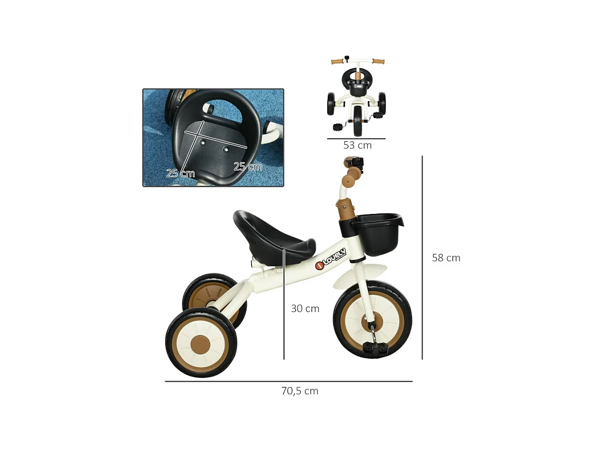 Tricycle pour enfant 2-5 ans, siège réglable, sonnette, panier, cadre métallique, blanc (70.5x53x58 cm)