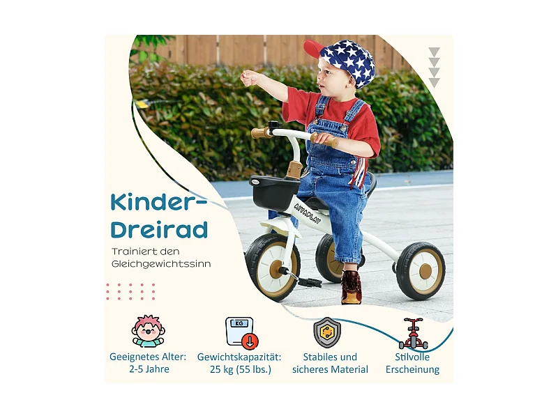 Tricycle pour enfant 2-5 ans, siège réglable, sonnette, panier, cadre métallique, blanc (70.5x53x58 cm)