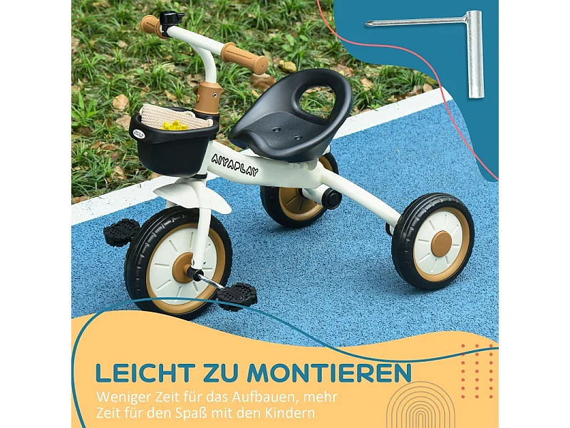 Tricycle pour enfant 2-5 ans, siège réglable, sonnette, panier, cadre métallique, blanc (70.5x53x58 cm)
