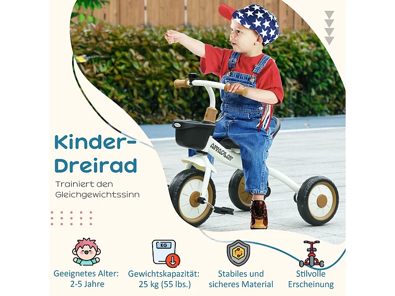 Tricycle pour enfant 2-5 ans, siège réglable, sonnette, panier, cadre métallique, blanc (70.5x53x58 cm)