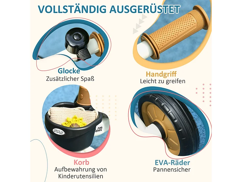 Tricycle pour enfant 2-5 ans, siège réglable, sonnette, panier, cadre métallique, blanc (70.5x53x58 cm)