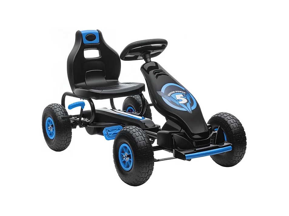 Go-kart enfant avec pédales, siège réglable, intérieur et extérieur, plastique, bleu et noir (121x58x61 cm)