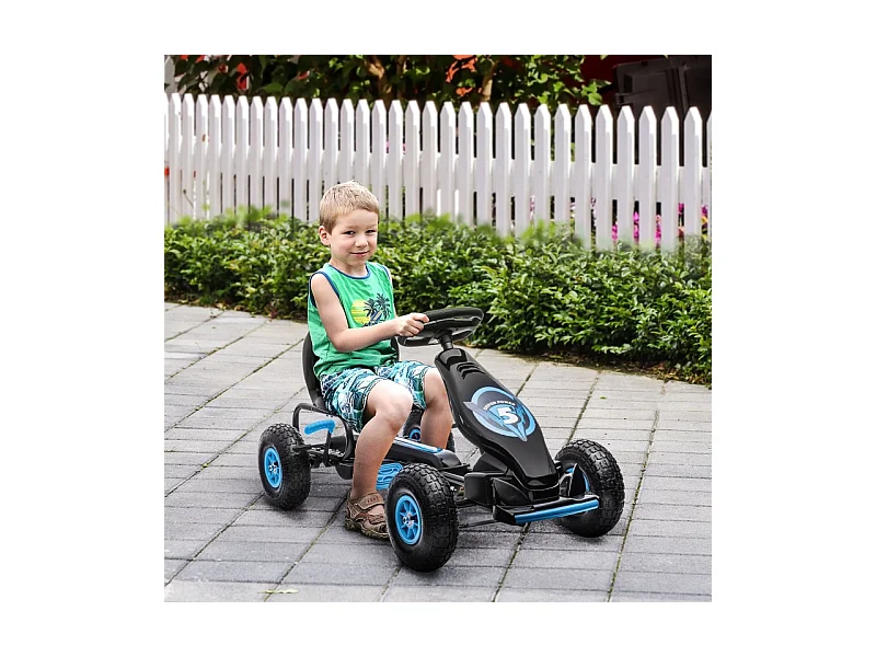 Go-kart enfant avec pédales, siège réglable, intérieur et extérieur, plastique, bleu et noir (121x58x61 cm)