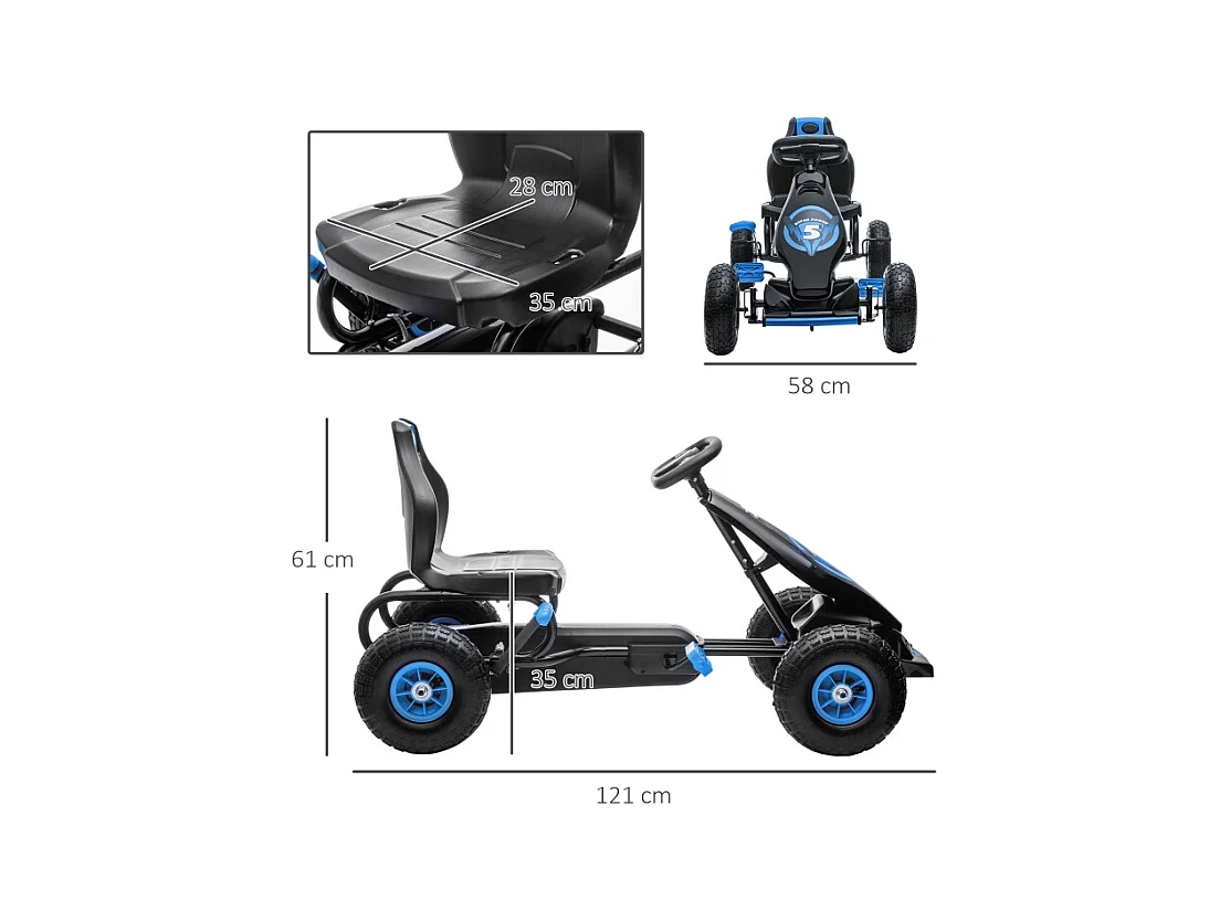 Go-kart enfant avec pédales, siège réglable, intérieur et extérieur, plastique, bleu et noir (121x58x61 cm)