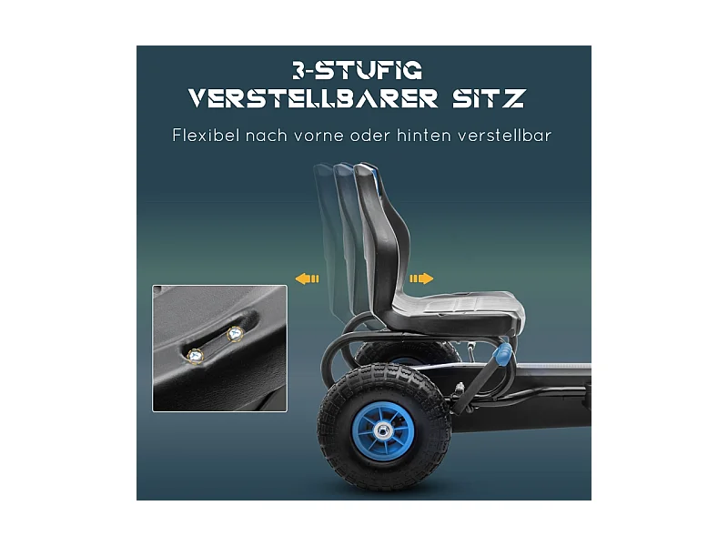 Go-kart enfant avec pédales, siège réglable, intérieur et extérieur, plastique, bleu et noir (121x58x61 cm)