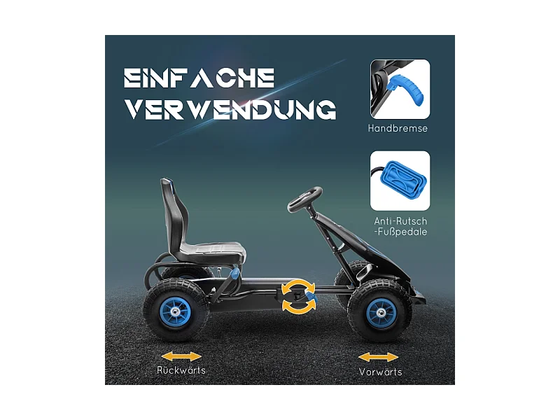 Go-kart enfant avec pédales, siège réglable, intérieur et extérieur, plastique, bleu et noir (121x58x61 cm)