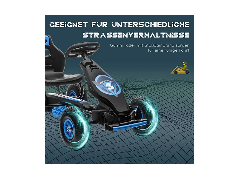 Go-kart enfant avec pédales, siège réglable, intérieur et extérieur, plastique, bleu et noir (121x58x61 cm)