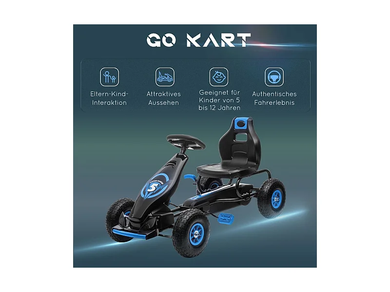 Go-kart enfant avec pédales, siège réglable, intérieur et extérieur, plastique, bleu et noir (121x58x61 cm)