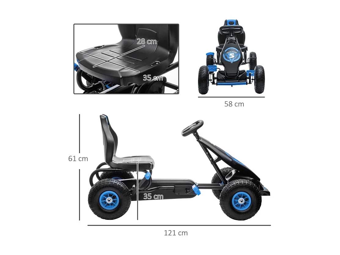 Go-kart enfant avec pédales, siège réglable, intérieur et extérieur, plastique, bleu et noir (121x58x61 cm)