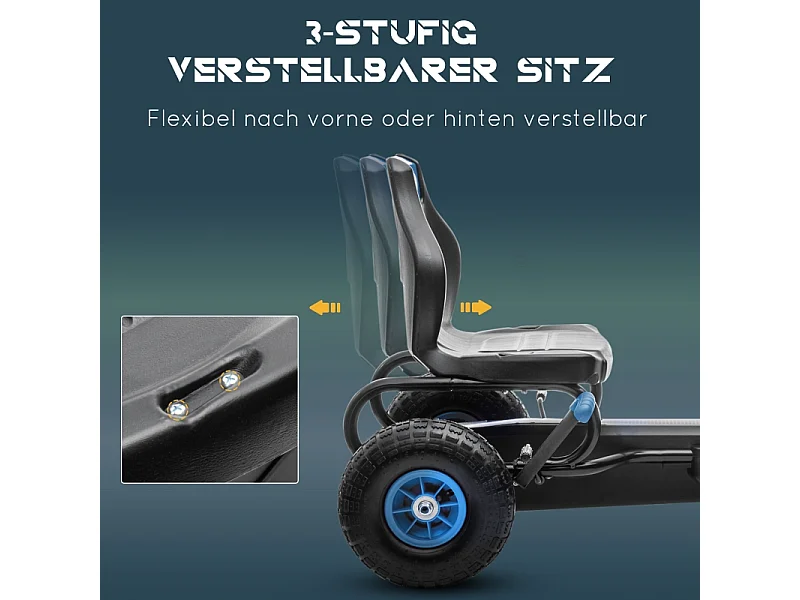 Go-kart enfant avec pédales, siège réglable, intérieur et extérieur, plastique, bleu et noir (121x58x61 cm)