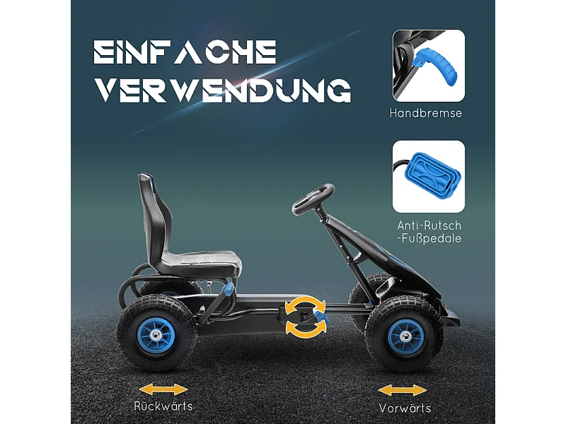 Go-kart enfant avec pédales, siège réglable, intérieur et extérieur, plastique, bleu et noir (121x58x61 cm)