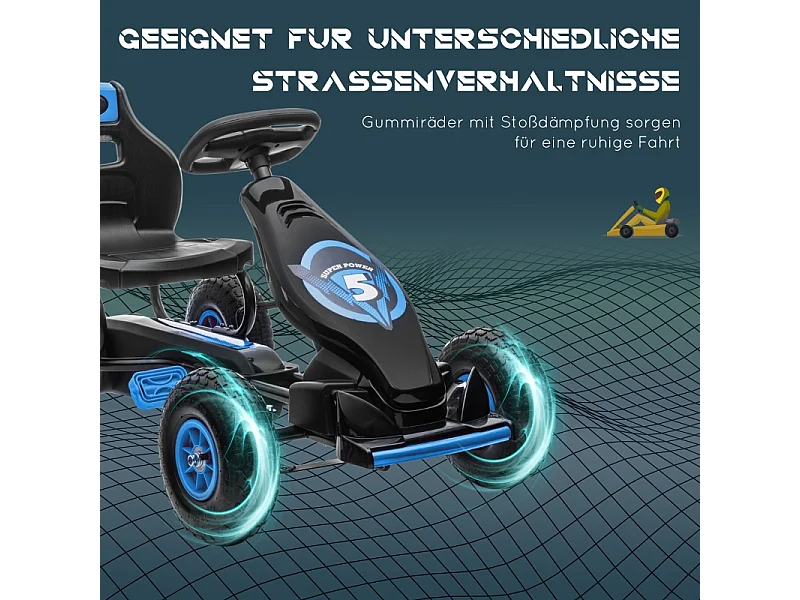 Go-kart enfant avec pédales, siège réglable, intérieur et extérieur, plastique, bleu et noir (121x58x61 cm)