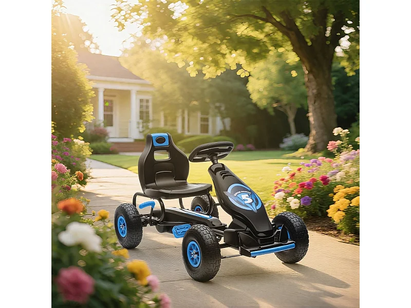 Go-kart enfant avec pédales, siège réglable, intérieur et extérieur, plastique, bleu et noir (121x58x61 cm)