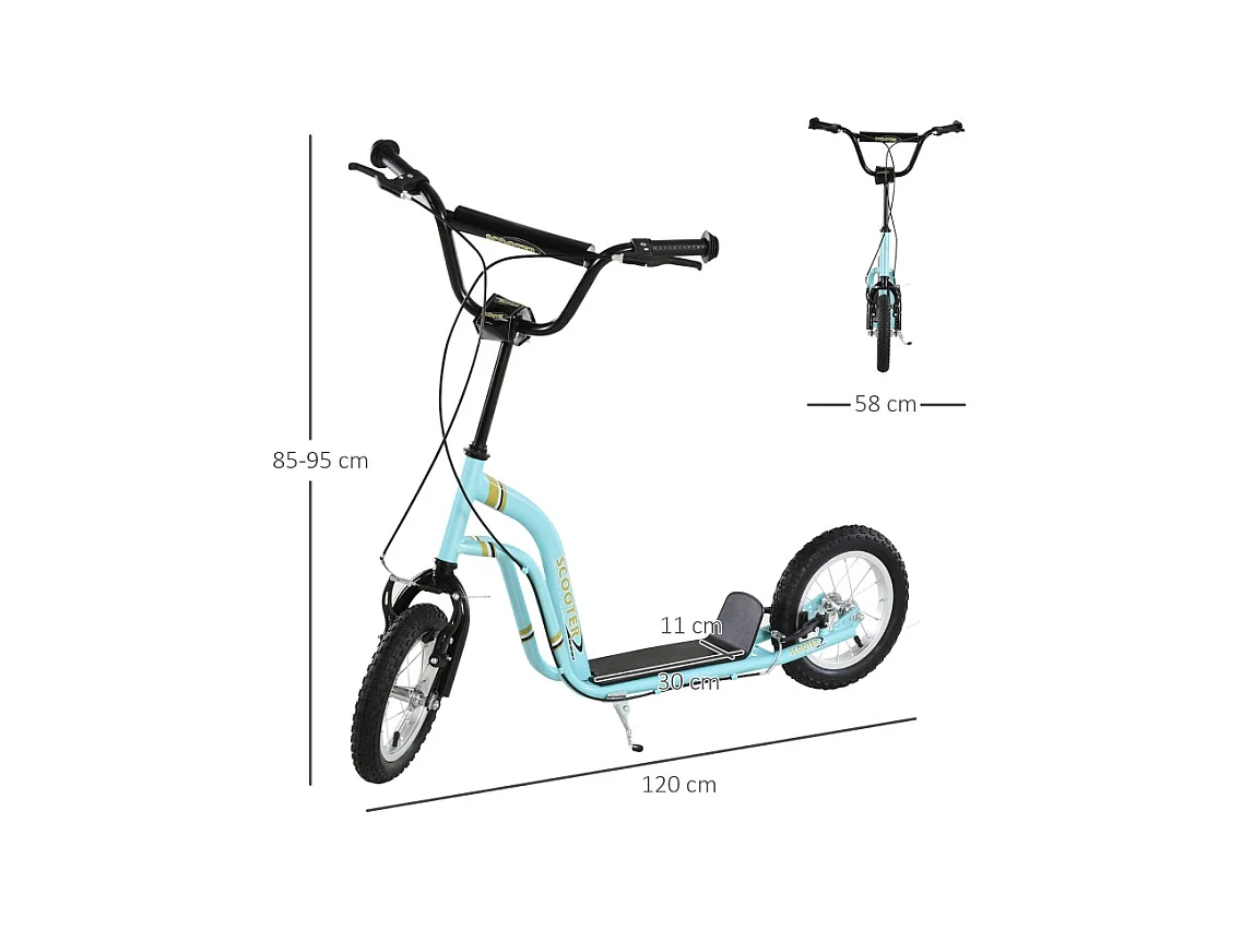 Trottinette enfant réglable en hauteur, 12 pouces avec pneus air, acier, bleu clair (120x58x85-95cm)