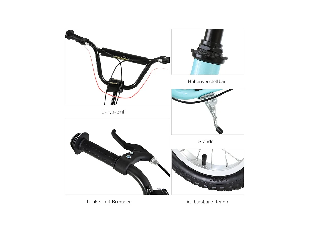 Trottinette enfant réglable en hauteur, 12 pouces avec pneus air, acier, bleu clair (120x58x85-95cm)