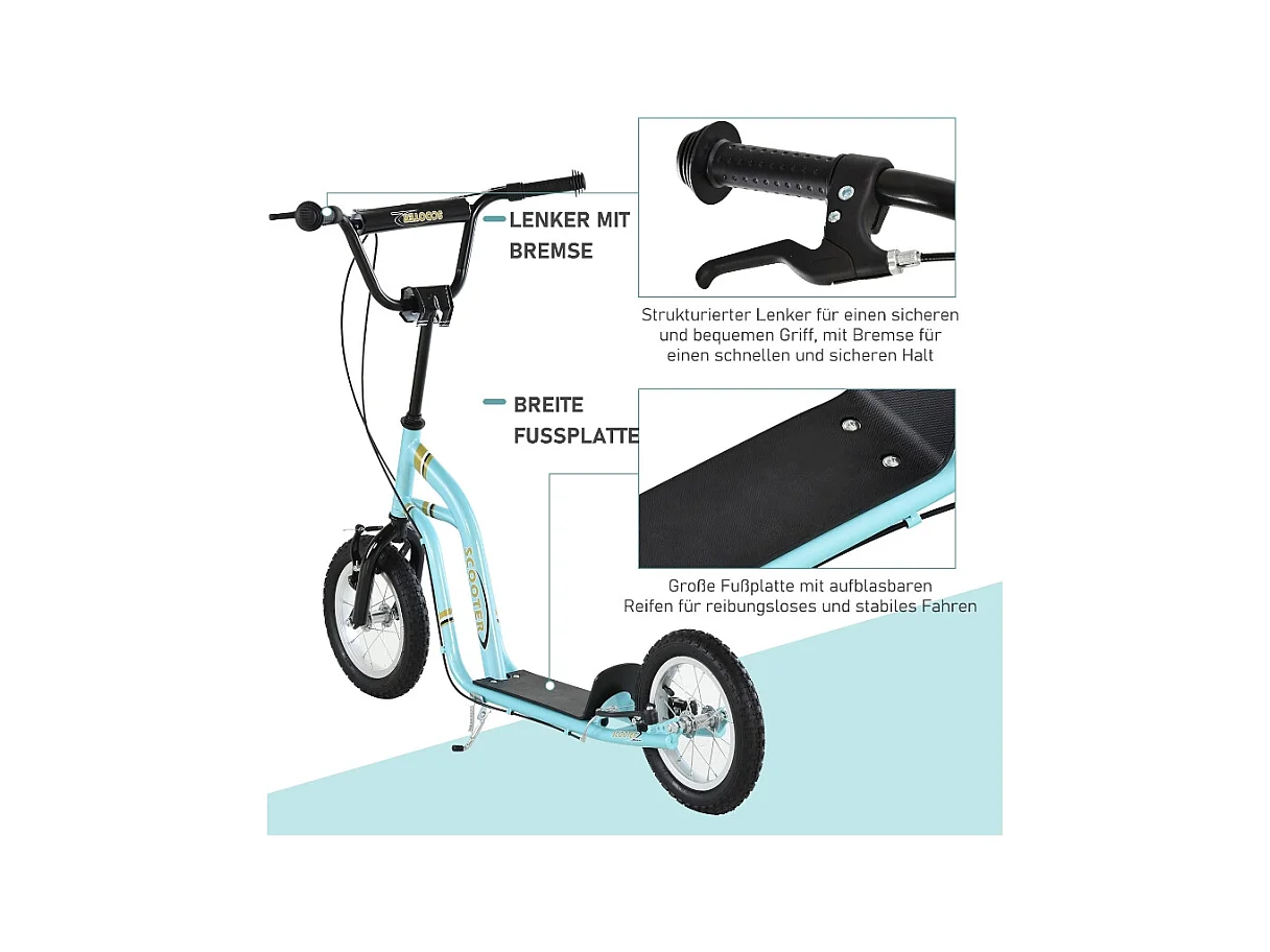 Trottinette enfant réglable en hauteur, 12 pouces avec pneus air, acier, bleu clair (120x58x85-95cm)