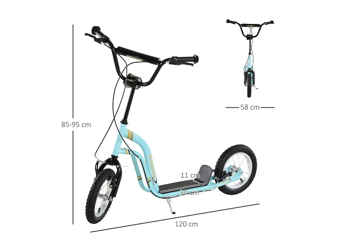 Trottinette enfant réglable en hauteur, 12 pouces avec pneus air, acier, bleu clair (120x58x85-95cm)
