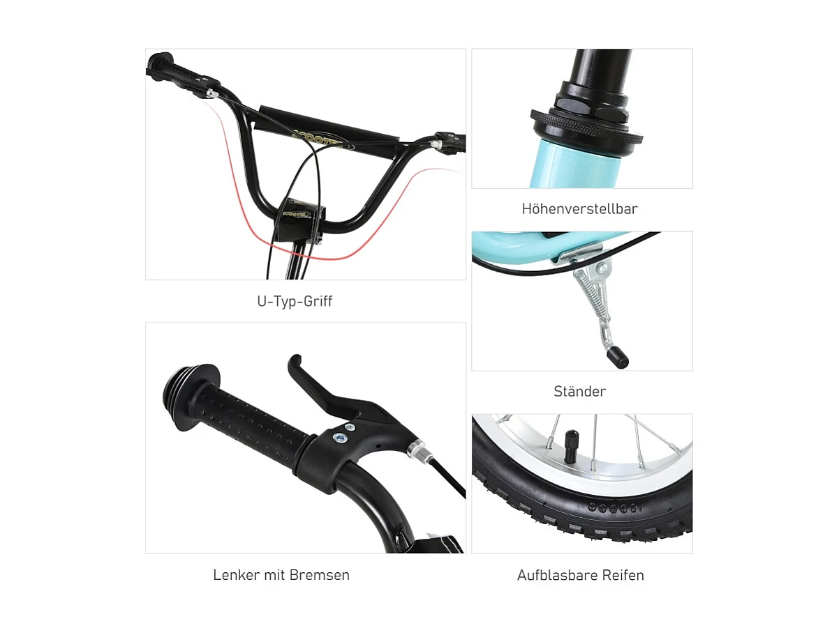 Trottinette enfant réglable en hauteur, 12 pouces avec pneus air, acier, bleu clair (120x58x85-95cm)