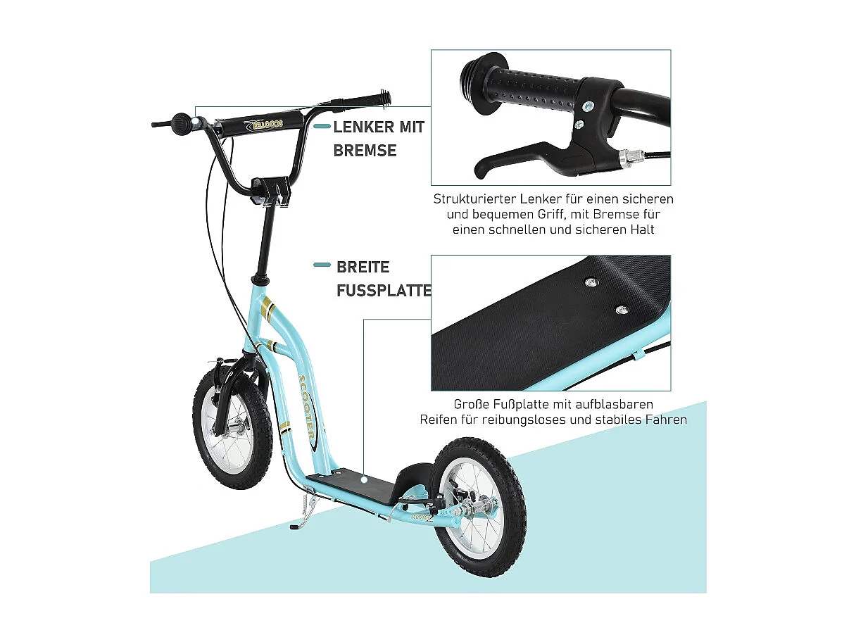 Trottinette enfant réglable en hauteur, 12 pouces avec pneus air, acier, bleu clair (120x58x85-95cm)