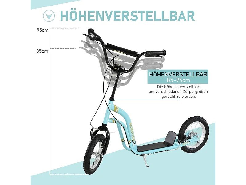 Trottinette enfant réglable en hauteur, 12 pouces avec pneus air, acier, bleu clair (120x58x85-95cm)