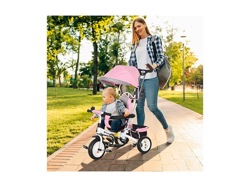 Tricycle évolutif 6-en-1 avec canne de poussée, toit, harnais et panier, métal, rose (95x50x106 cm)