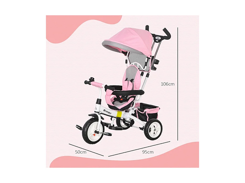 Tricycle évolutif 6-en-1 avec canne de poussée, toit, harnais et panier, métal, rose (95x50x106 cm)