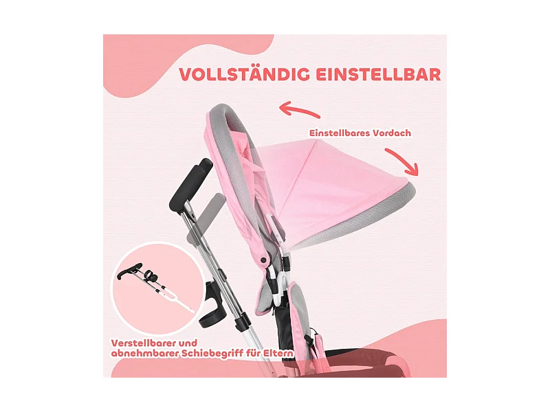 Tricycle évolutif 6-en-1 avec canne de poussée, toit, harnais et panier, métal, rose (95x50x106 cm)