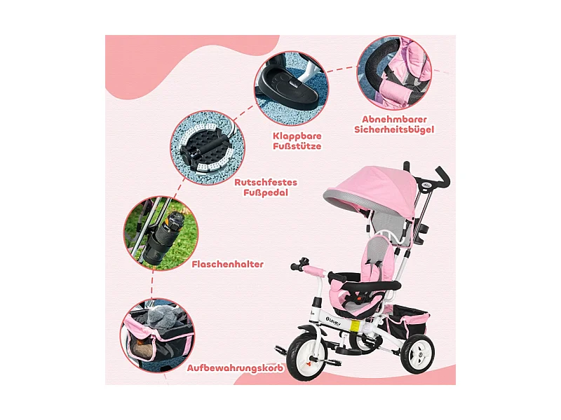 Tricycle évolutif 6-en-1 avec canne de poussée, toit, harnais et panier, métal, rose (95x50x106 cm)