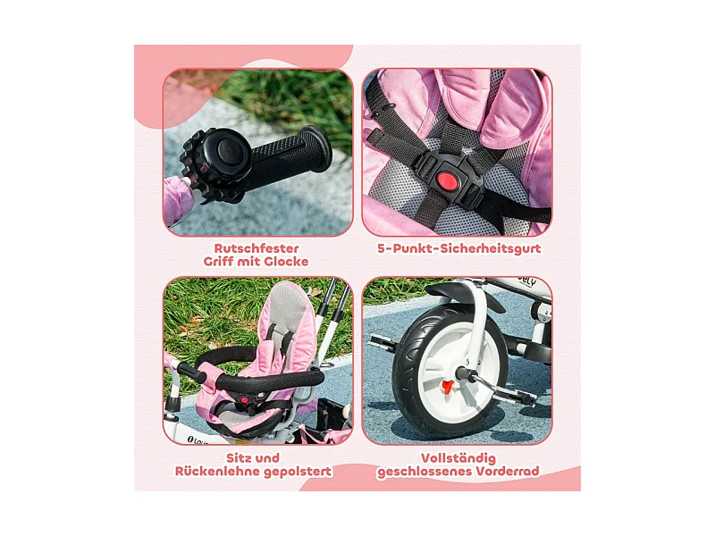 Tricycle évolutif 6-en-1 avec canne de poussée, toit, harnais et panier, métal, rose (95x50x106 cm)