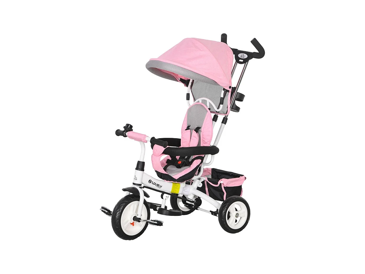 6-in-1 driewieler met duwstang, dak, harnas en mand, metaal, roze (95x50x106 cm)