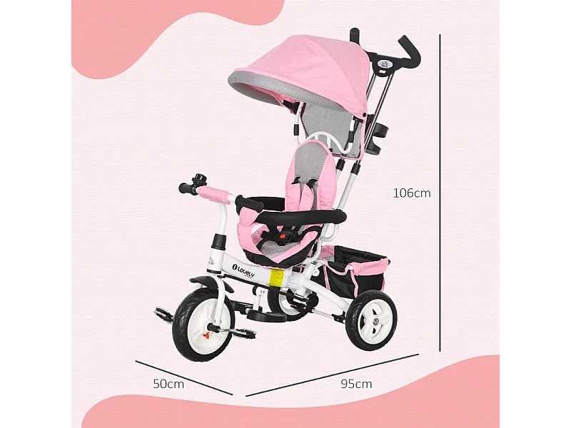Tricycle évolutif 6-en-1 avec canne de poussée, toit, harnais et panier, métal, rose (95x50x106 cm)