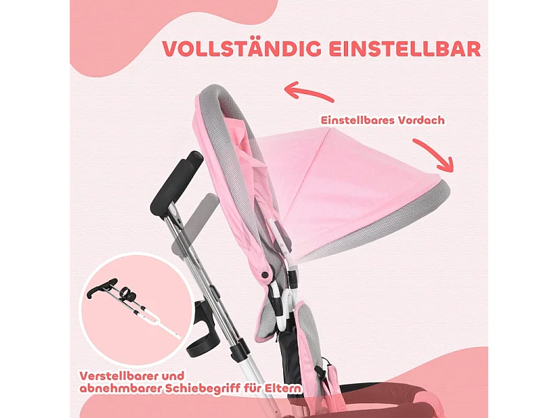 Tricycle évolutif 6-en-1 avec canne de poussée, toit, harnais et panier, métal, rose (95x50x106 cm)