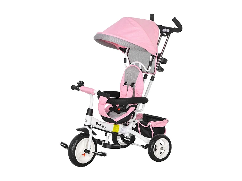 Triciclo 6 in 1 con barra di spinta, tetto, imbracatura e cestino, metallo, rosa (95x50x106 cm)