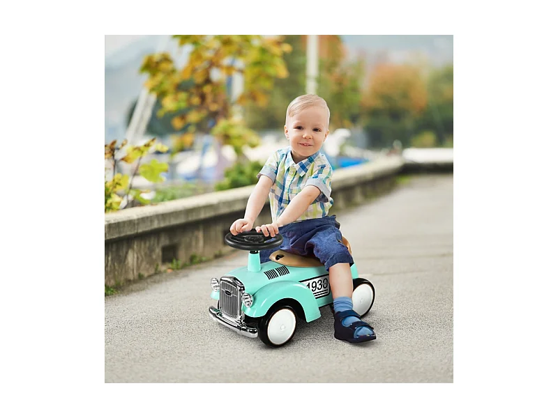 Voiture à pédales vintage pour enfant, avec rangement secret, protection anti-bascule et klaxon, plastique, vert (58x27x35cm)