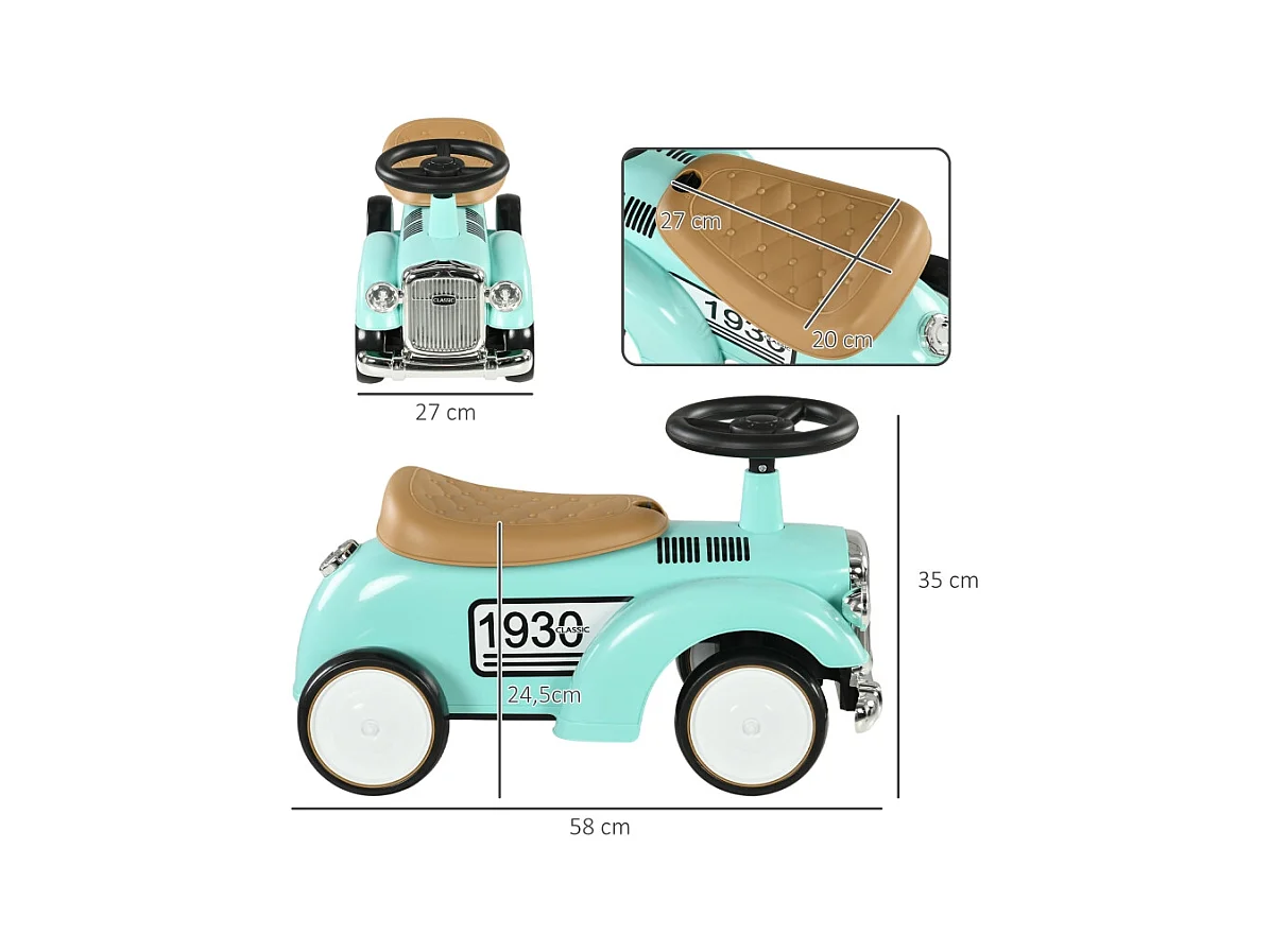 Voiture à pédales vintage pour enfant, avec rangement secret, protection anti-bascule et klaxon, plastique, vert (58x27x35cm)