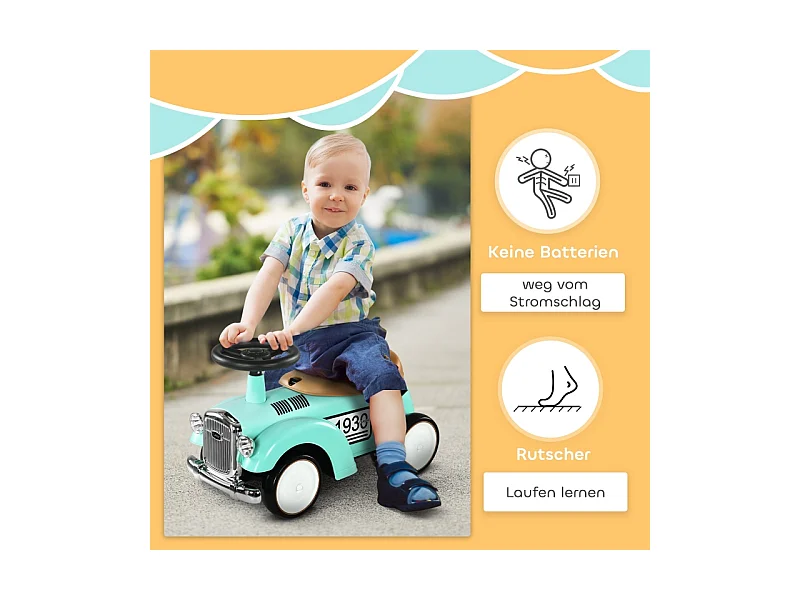 Voiture à pédales vintage pour enfant, avec rangement secret, protection anti-bascule et klaxon, plastique, vert (58x27x35cm)