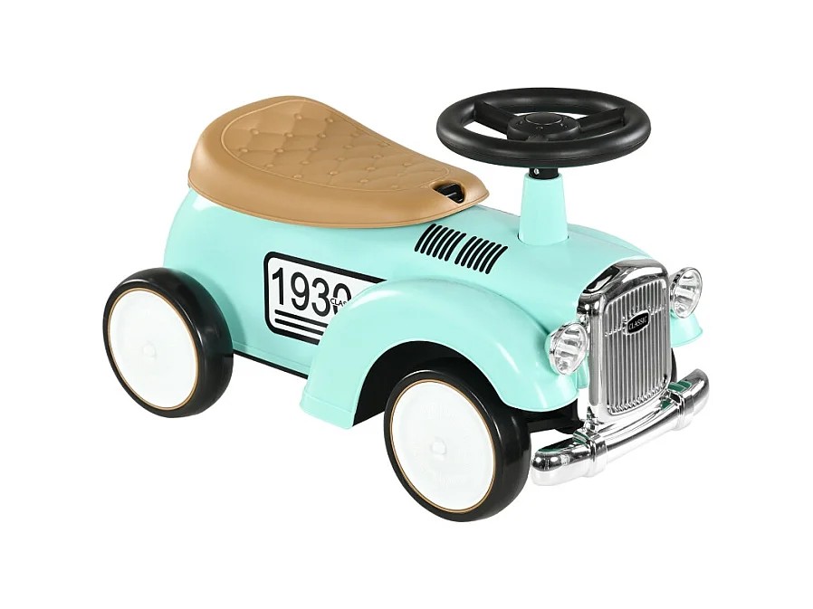 Voiture à pédales vintage pour enfant, avec rangement secret, protection anti-bascule et klaxon, plastique, vert (58x27x35cm)