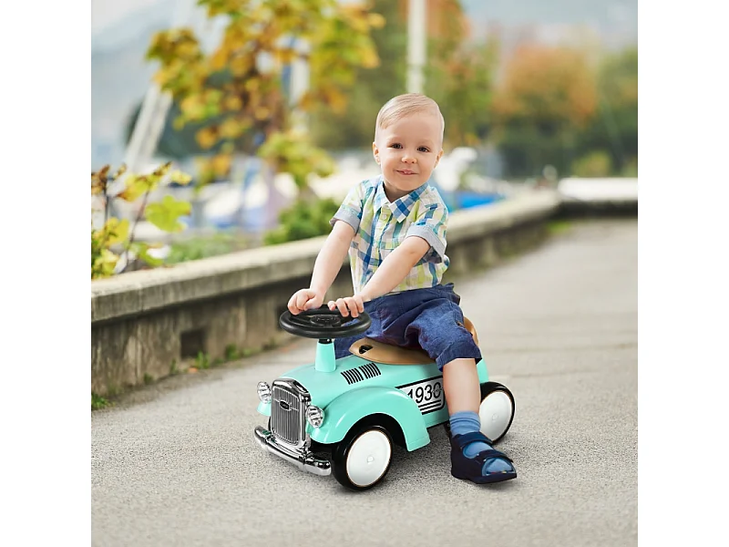 Voiture à pédales vintage pour enfant, avec rangement secret, protection anti-bascule et klaxon, plastique, vert (58x27x35cm)