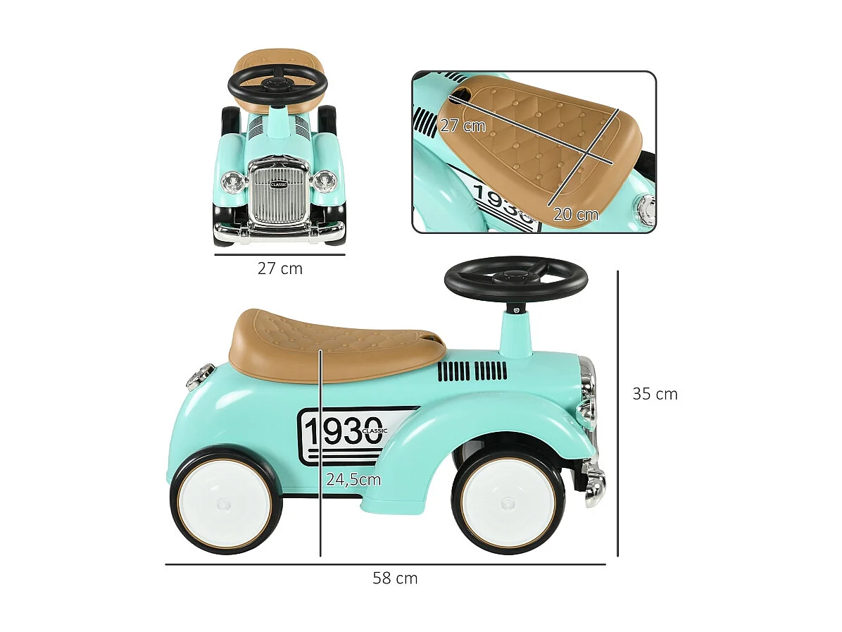 Voiture à pédales vintage pour enfant, avec rangement secret, protection anti-bascule et klaxon, plastique, vert (58x27x35cm)