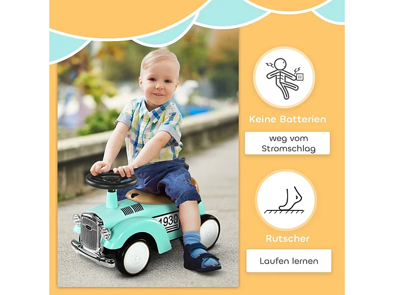 Voiture à pédales vintage pour enfant, avec rangement secret, protection anti-bascule et klaxon, plastique, vert (58x27x35cm)