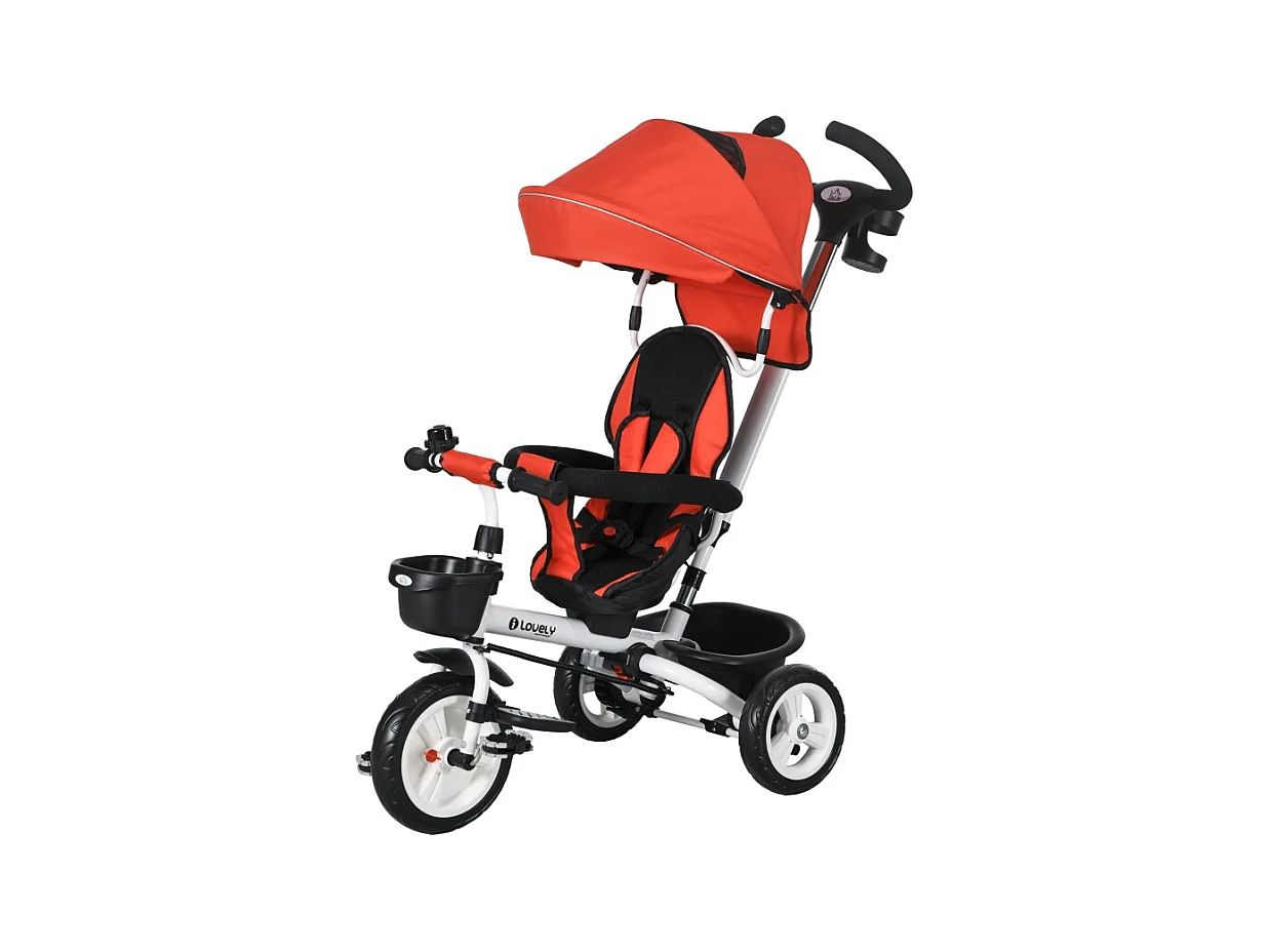 Tricycle enfant 6-en-1 avec canne poussoir, siège réglable, harnais, toit amovible, panier, porte-gobelet, polyester rouge (112x50x104cm)