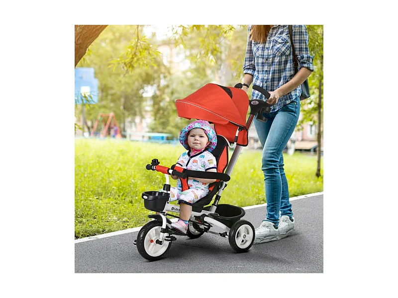 Tricycle enfant 6-en-1 avec canne poussoir, siège réglable, harnais, toit amovible, panier, porte-gobelet, polyester rouge (112x50x104cm)