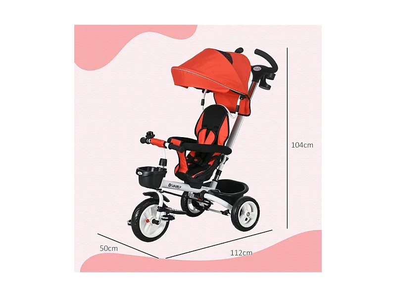 Tricycle enfant 6-en-1 avec canne poussoir, siège réglable, harnais, toit amovible, panier, porte-gobelet, polyester rouge (112x50x104cm)