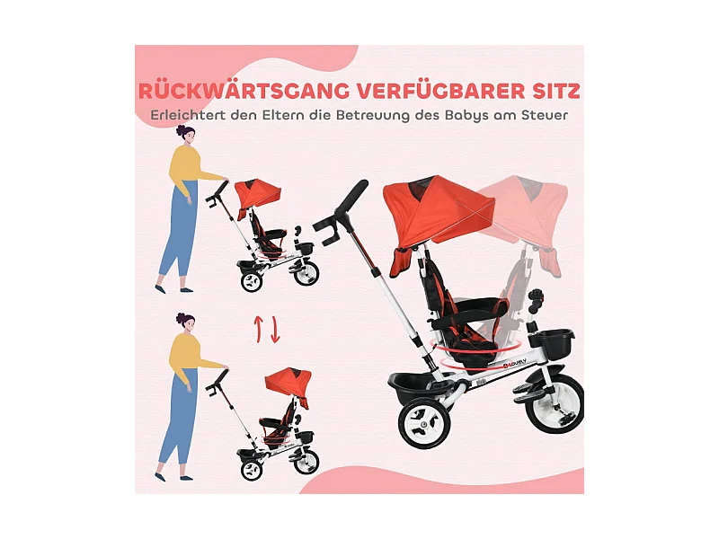 Tricycle enfant 6-en-1 avec canne poussoir, siège réglable, harnais, toit amovible, panier, porte-gobelet, polyester rouge (112x50x104cm)