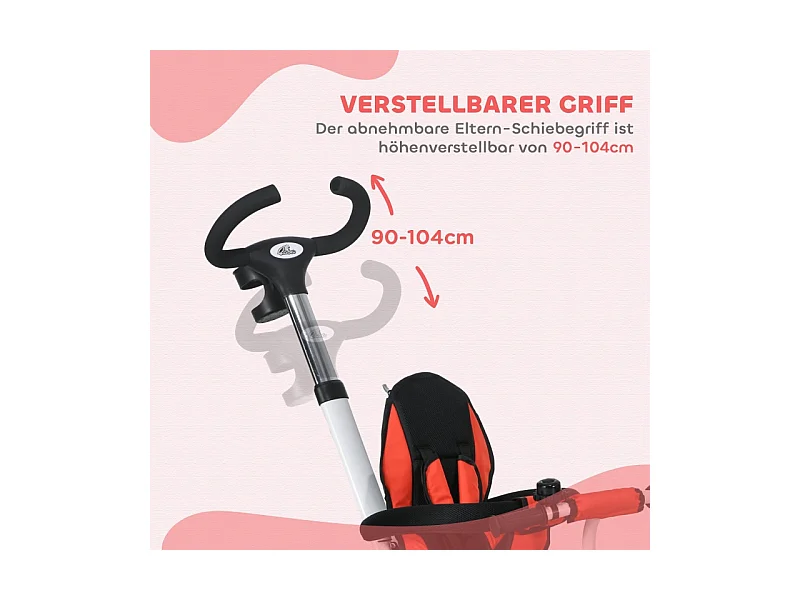 Tricycle enfant 6-en-1 avec canne poussoir, siège réglable, harnais, toit amovible, panier, porte-gobelet, polyester rouge (112x50x104cm)